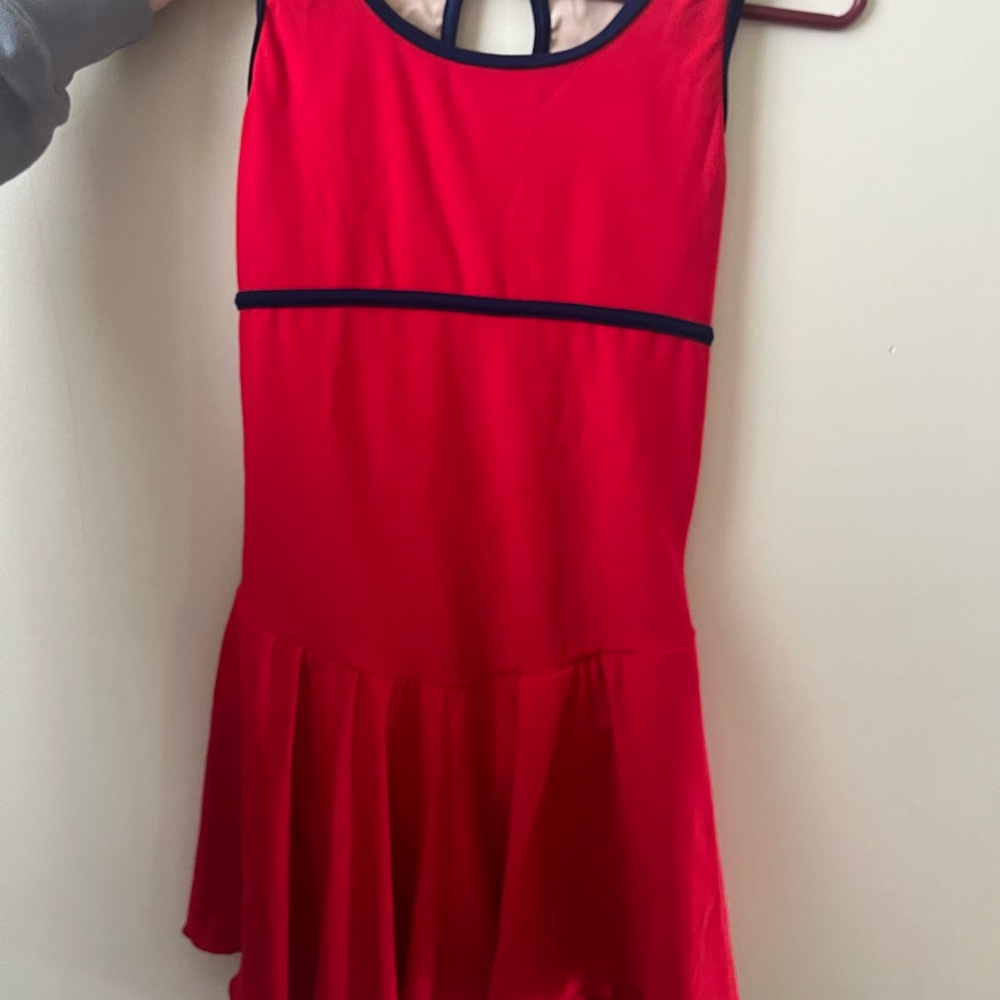 Red Sleeveless Figure Skating/Dance Dress with Navy Trim